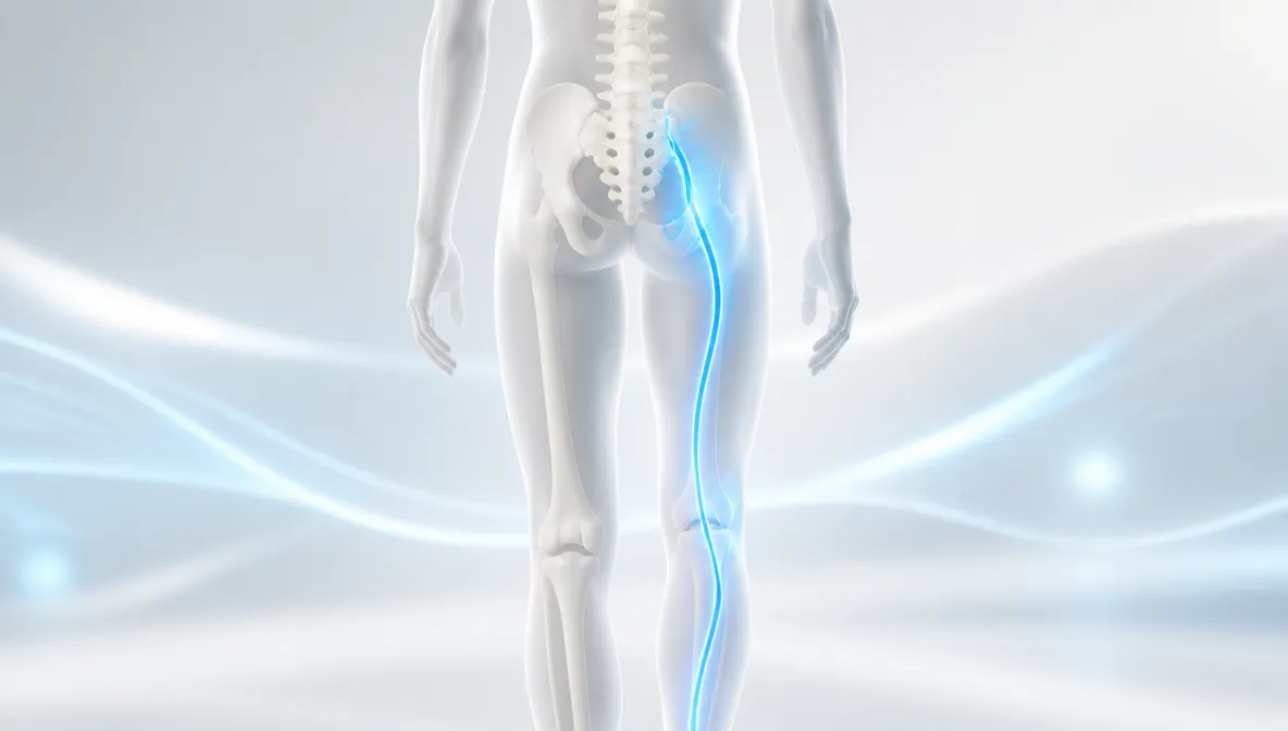Render anatómico 3D del cuerpo humano con el nervio ciático resaltado en azul, descendiendo desde la zona lumbar por la parte posterior de la pierna
