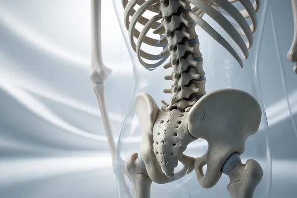 Render 3D abstracto de la columna lumbar humana con sacro y pelvis en tonos blancos y azul claro, sobre fondo luminoso con ondas suaves