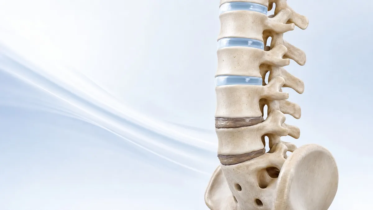 Render 3D de columna lumbar donde los discos L4-L5 y L5-S1 muestran perdida de altura y deshidratacion
