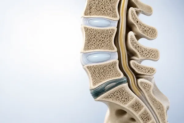 Render 3D en corte sagital de la unión lumbosacra con el disco L5-S1 degenerado resaltado