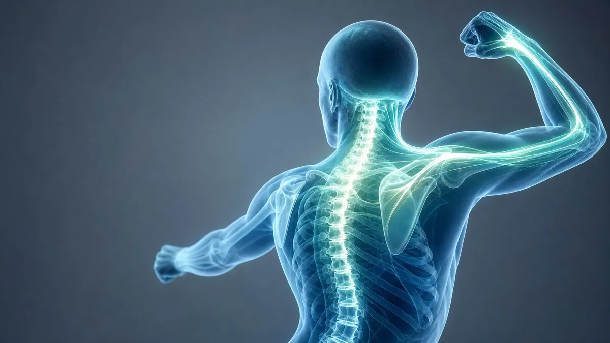Figura anatómica translúcida con líneas luminosas de continuidad funcional entre la columna cervical, la escápula y el brazo