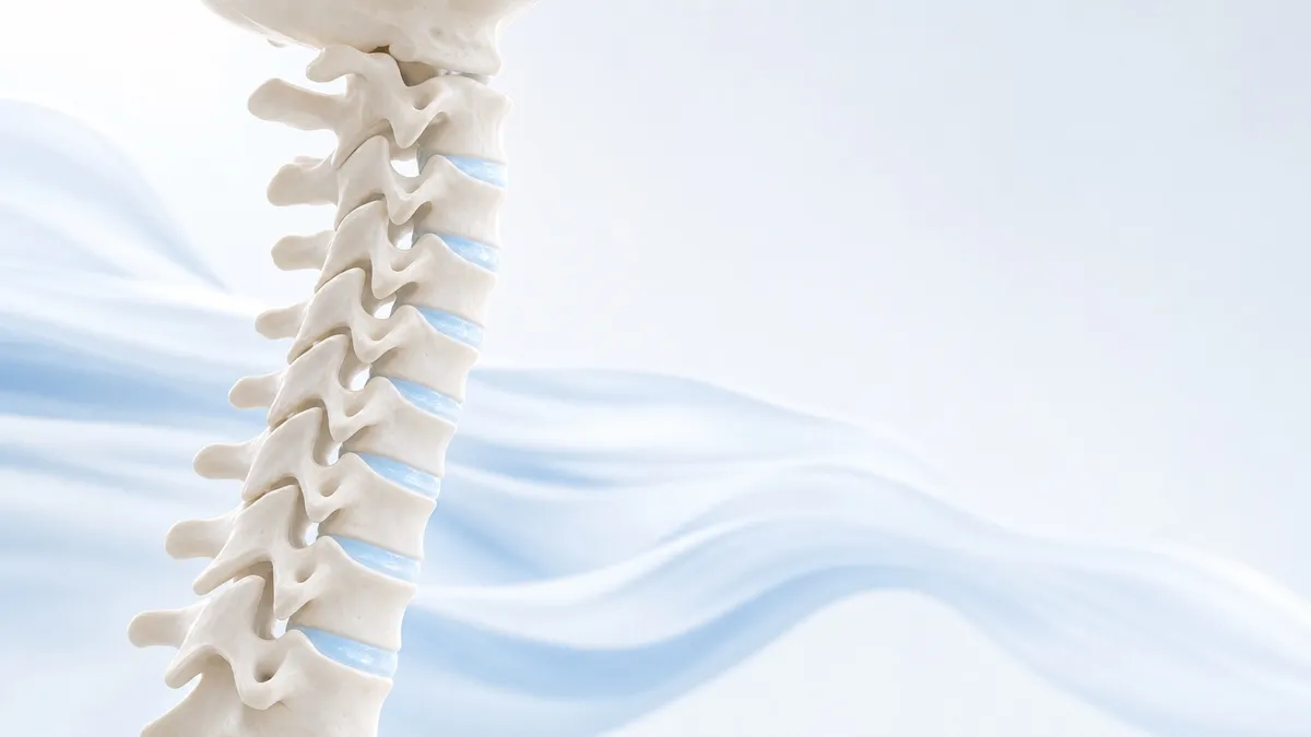 Render anatómico 3D de la columna cervical en tonos marfil con los discos intervertebrales destacados en azul pálido, sobre fondo blanco con formas fluidas