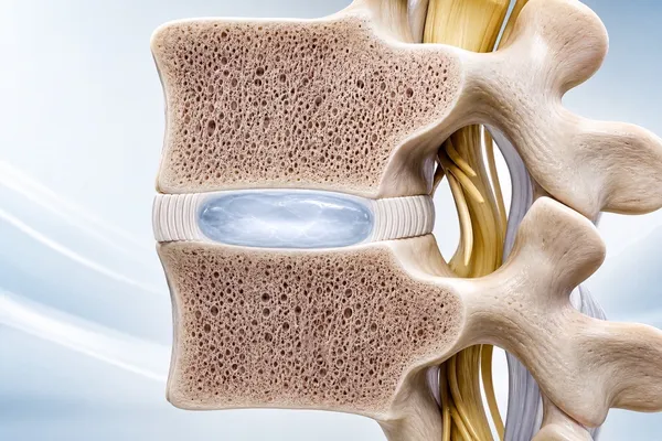 Corte sagital de dos vertebras lumbares mostrando el anillo fibroso en capas y el nucleo pulposo al centro del disco