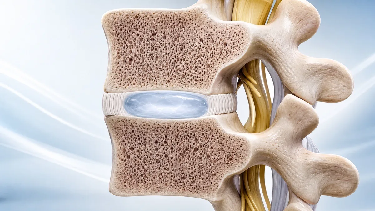 Corte sagital de dos vertebras lumbares mostrando el anillo fibroso en capas y el nucleo pulposo al centro del disco