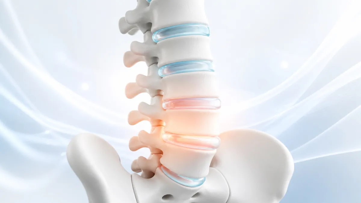 Render anatómico 3D de la columna lumbar en tonos marfil con los discos intervertebrales destacados en azul pálido, sobre fondo blanco con formas fluidas