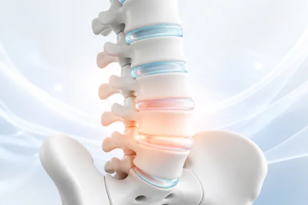 Render anatómico 3D de la columna lumbar en tonos marfil con los discos intervertebrales destacados en azul pálido, sobre fondo blanco con formas fluidas
